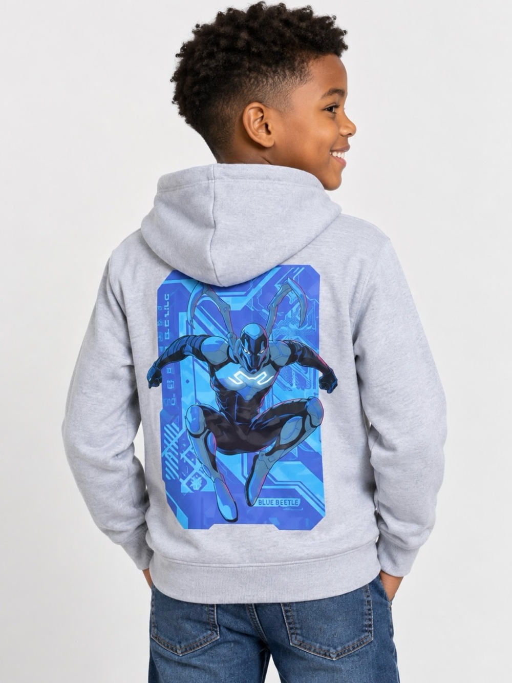 DC Comics Boy’s M 8 Light Gray Blue Beetle Pullover Hoodie Superhero Graphic NWT